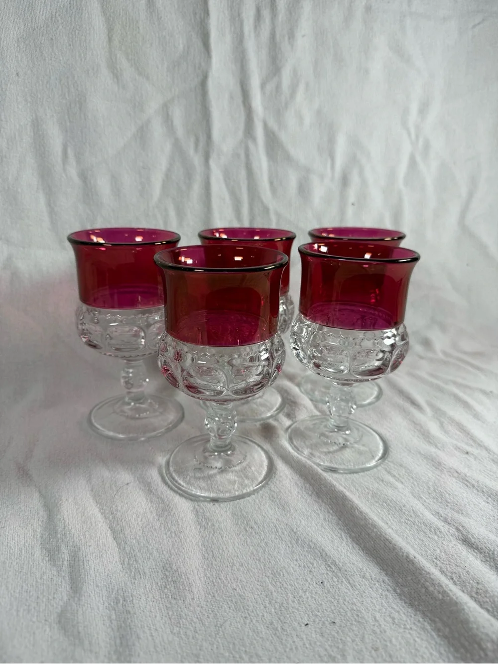 Vintage Set of 5 Tiffin Kings Crown Ruby Red Thumbprint Goblet Glasses